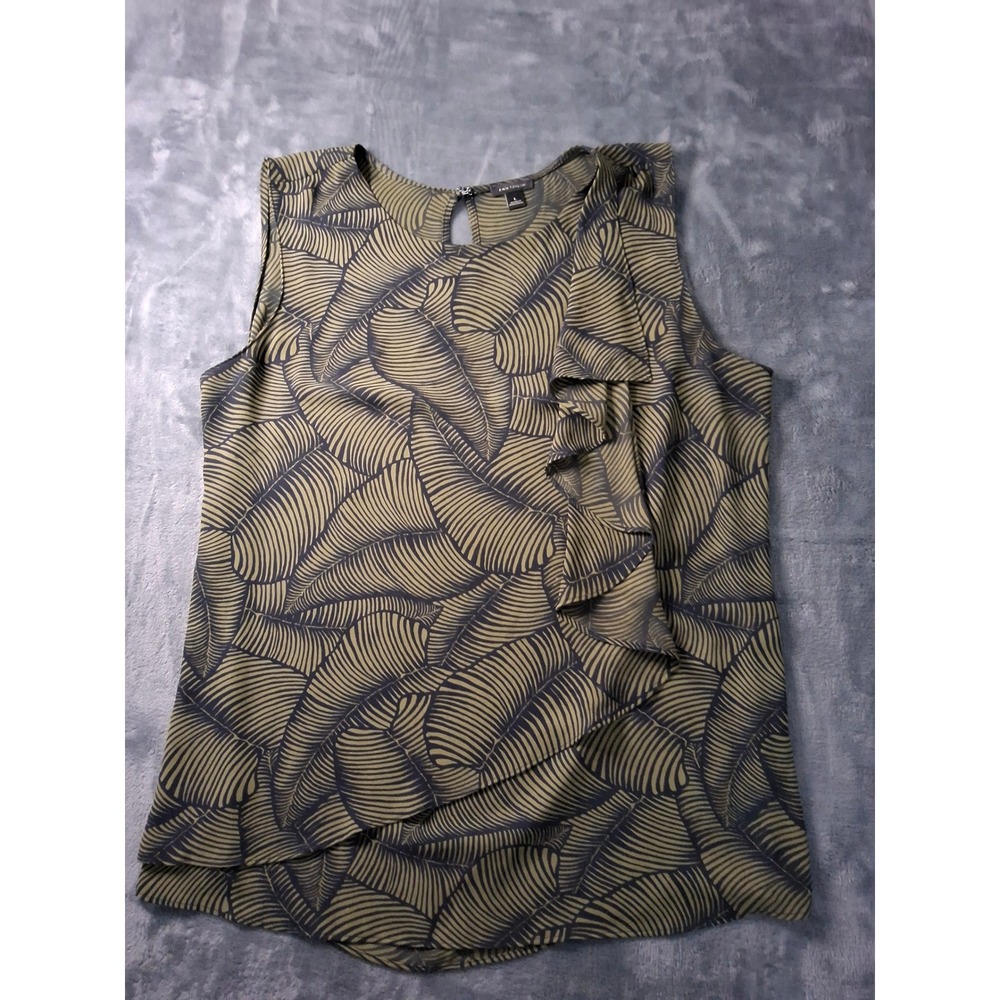 Ann Taylor Womens Olive Green Black Palm Leaf Ruffle Sleeveless Blouse L